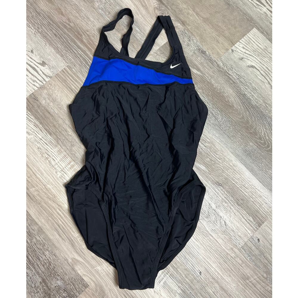 Nike One Piece Swimsuit Women 14 Black Blue Racerback Athleisure Swimwear